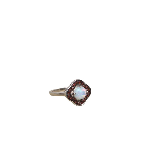Sterling Silver Garnet Created White Opal Flower Ring - Picture 4 of 16
